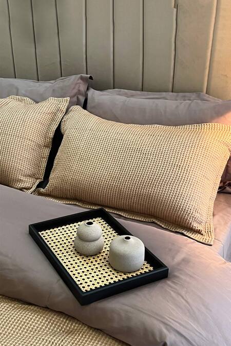 Shop Sadyaska Brown 300tc Cotton And Fabric Honeycomb Pattern Duvet Cover Set at Aza Fashions Shop_Sadyaska_Brown 300tc Cotton And Fabric Honeycomb Pattern Duvet Cover Set_at_Aza_Fashions