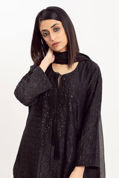 Simrita Arora_Black Silk, Chanderi Round Embellished Straight Kurta Set_Online_at_Aza_Fashions