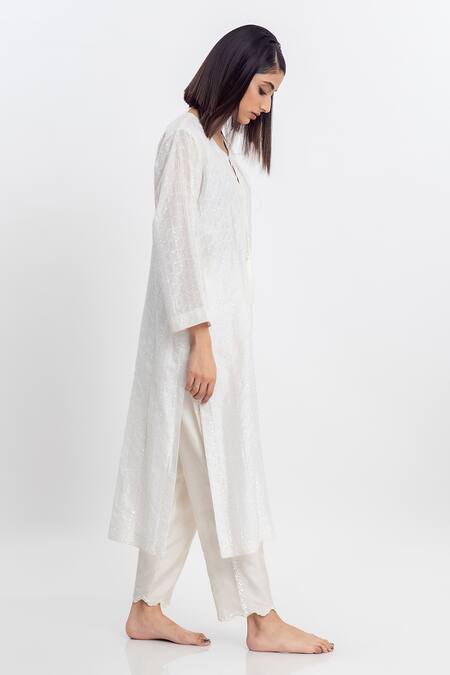 Simrita Arora_White Silk, Chanderi Round Embellished Straight Kurta Set_Online_at_Aza_Fashions
