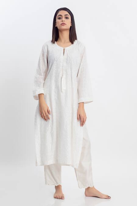 Buy_Simrita Arora_White Silk, Chanderi Round Embellished Straight Kurta Set_Online_at_Aza_Fashions