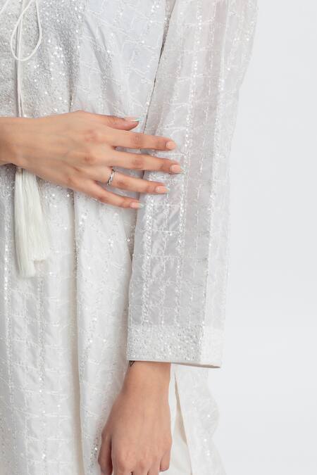 Shop_Simrita Arora_White Silk, Chanderi Round Embellished Straight Kurta Set_Online_at_Aza_Fashions