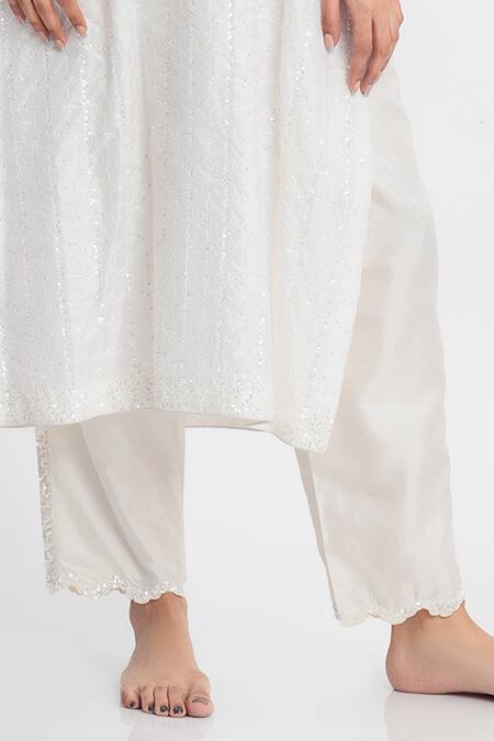 Simrita Arora_White Silk, Chanderi Round Embellished Straight Kurta Set_at_Aza_Fashions