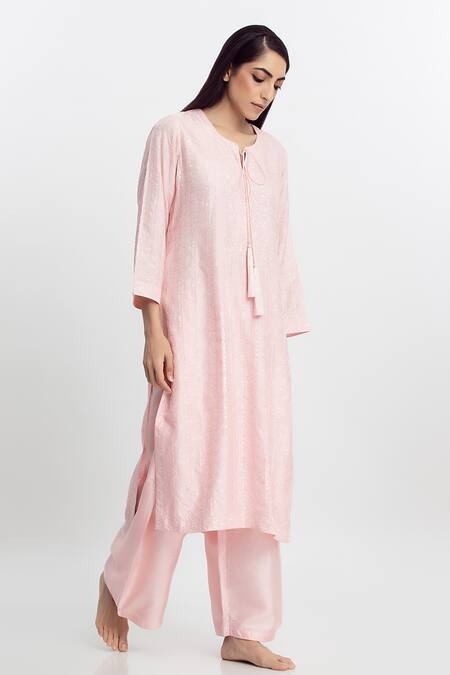 Simrita Arora_Pink Silk, Chanderi Round Embellished Straight Kurta Set_Online_at_Aza_Fashions