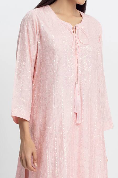 Shop_Simrita Arora_Pink Silk, Chanderi Round Embellished Straight Kurta Set_Online_at_Aza_Fashions