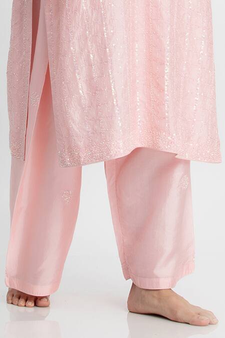 Simrita Arora_Pink Silk, Chanderi Round Embellished Straight Kurta Set_at_Aza_Fashions