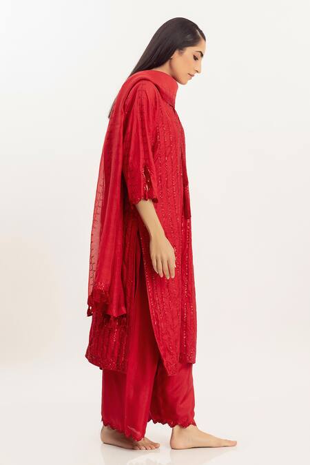 Simrita Arora Red Silk, Chanderi Round Embellished Straight Kurta Set Online at Aza Fashions Simrita Arora_Red Silk, Chanderi Round Embellished Straight Kurta Set_Online_at_Aza_Fashions