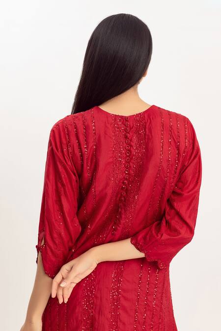 Buy Simrita Arora Red Silk, Chanderi Round Embellished Straight Kurta Set Online at Aza Fashions Buy_Simrita Arora_Red Silk, Chanderi Round Embellished Straight Kurta Set_Online_at_Aza_Fashions