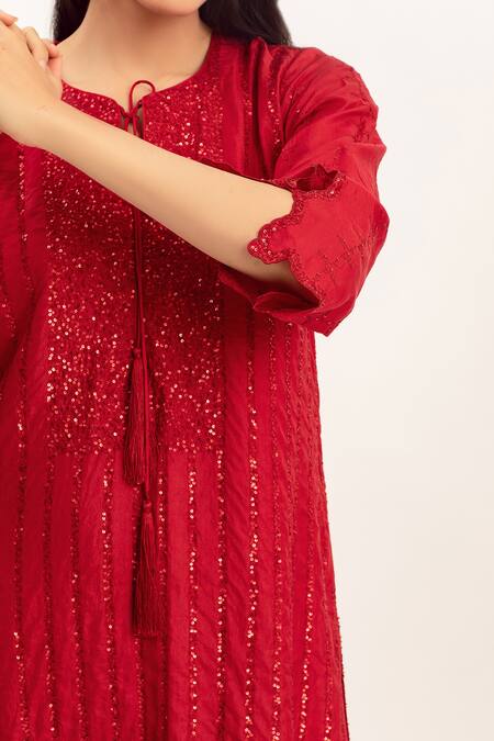 Shop Simrita Arora Red Silk, Chanderi Round Embellished Straight Kurta Set Online at Aza Fashions Shop_Simrita Arora_Red Silk, Chanderi Round Embellished Straight Kurta Set_Online_at_Aza_Fashions