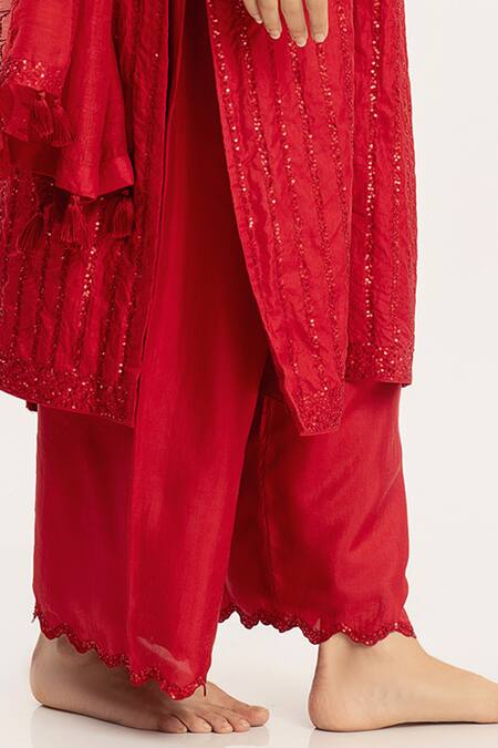 Simrita Arora Red Silk, Chanderi Round Embellished Straight Kurta Set at Aza Fashions Simrita Arora_Red Silk, Chanderi Round Embellished Straight Kurta Set_at_Aza_Fashions