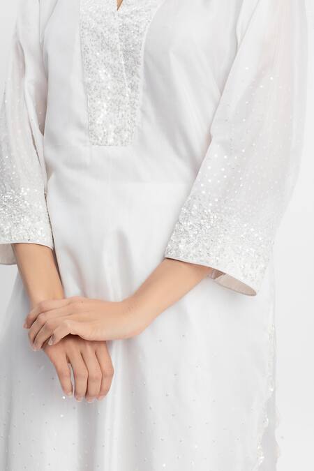 Shop_Simrita Arora_White Silk, Chanderi V Neck Embellished Kurta And Pant Set_Online_at_Aza_Fashions