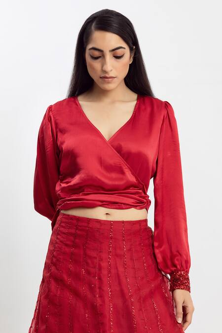 Buy_Simrita Arora_Red Silk, Organza, Satin Sequin V Neck Work Lehenga And Shirt Set_Online_at_Aza_Fashions