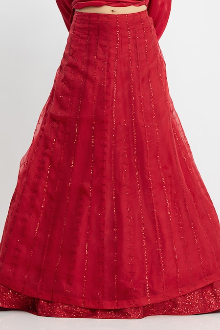 Shop_Simrita Arora_Red Silk, Organza, Satin Sequin V Neck Work Lehenga And Shirt Set_Online_at_Aza_Fashions