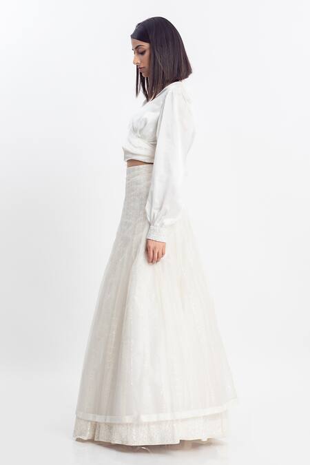 Simrita Arora_White Silk, Organza, Satin V Neck Embellished Flared Lehenga And Shirt Set_Online_at_Aza_Fashions
