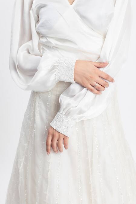 Buy_Simrita Arora_White Silk, Organza, Satin V Neck Embellished Flared Lehenga And Shirt Set_Online_at_Aza_Fashions