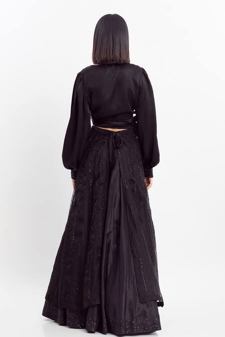 Shop Simrita Arora Black Silk, Organza, Satin V Neck Embellished Flared Lehenga And Shirt Set at Aza Fashions Shop_Simrita Arora_Black Silk, Organza, Satin V Neck Embellished Flared Lehenga And Shirt Set_at_Aza_Fashions