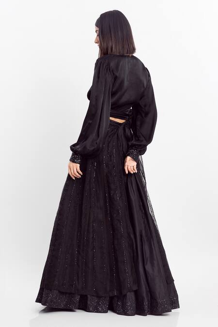 Simrita Arora Black Silk, Organza, Satin V Neck Embellished Flared Lehenga And Shirt Set Online at Aza Fashions Simrita Arora_Black Silk, Organza, Satin V Neck Embellished Flared Lehenga And Shirt Set_Online_at_Aza_Fashions