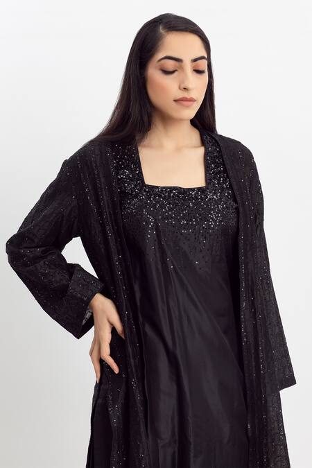 Simrita Arora Black Silk, Chanderi Square Neck Embellished Coat And Tunic Online at Aza Fashions Simrita Arora_Black Silk, Chanderi Square Neck Embellished Coat And Tunic_Online_at_Aza_Fashions