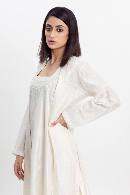 Simrita Arora_White Silk, Chanderi Square Neck Embellished Coat And Tunic_Online_at_Aza_Fashions
