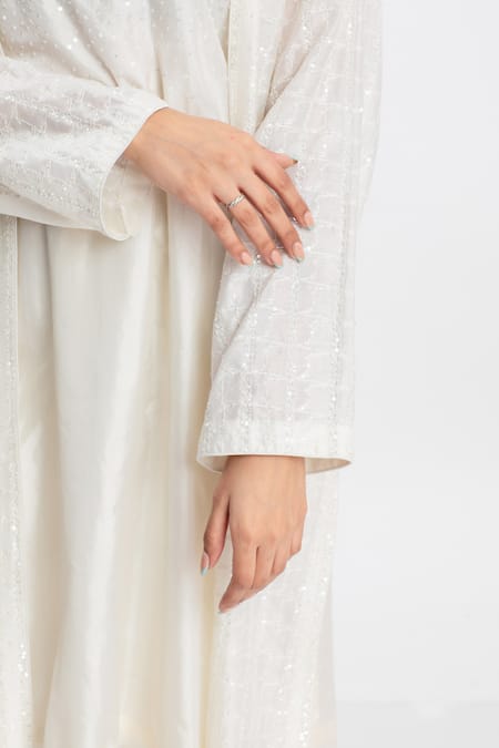 Buy_Simrita Arora_White Silk, Chanderi Square Neck Embellished Coat And Tunic_Online_at_Aza_Fashions