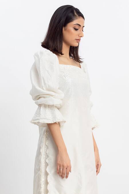 Simrita Arora_White Silk, Chanderi Square Neck Puff Sleeves Kurta And Pant Set_Online_at_Aza_Fashions