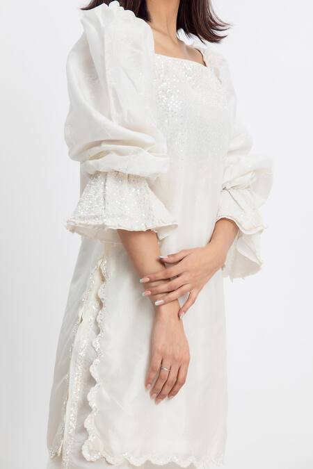 Buy_Simrita Arora_White Silk, Chanderi Square Neck Puff Sleeves Kurta And Pant Set_Online_at_Aza_Fashions