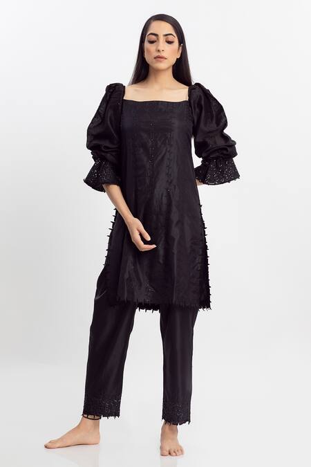 Shop Simrita Arora Black Silk, Chanderi Square Neck Puff Sleeves Kurta And Pant Set at Aza Fashions Shop_Simrita Arora_Black Silk, Chanderi Square Neck Puff Sleeves Kurta And Pant Set_at_Aza_Fashions
