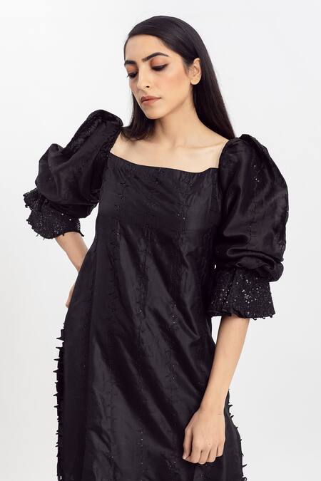 Simrita Arora Black Silk, Chanderi Square Neck Puff Sleeves Kurta And Pant Set Online at Aza Fashions Simrita Arora_Black Silk, Chanderi Square Neck Puff Sleeves Kurta And Pant Set_Online_at_Aza_Fashions