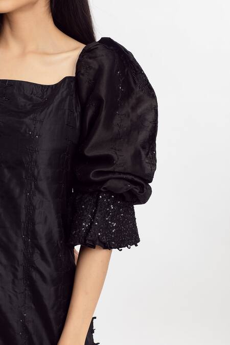 Buy Simrita Arora Black Silk, Chanderi Square Neck Puff Sleeves Kurta And Pant Set Online at Aza Fashions Buy_Simrita Arora_Black Silk, Chanderi Square Neck Puff Sleeves Kurta And Pant Set_Online_at_Aza_Fashions