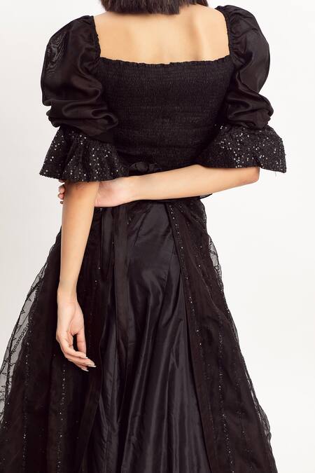 Buy_Simrita Arora_Black Silk, Chanderi Square Neck Smocked And Top_Online_at_Aza_Fashions