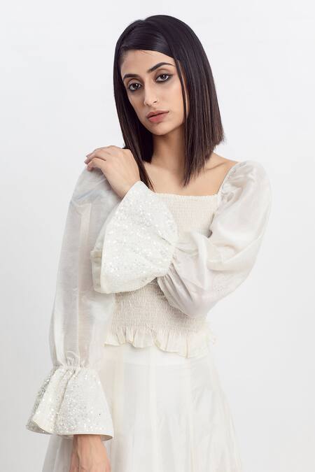Shop Simrita Arora White Silk, Chanderi Square Neck Smocked And Top at Aza Fashions Shop_Simrita Arora_White Silk, Chanderi Square Neck Smocked And Top_at_Aza_Fashions