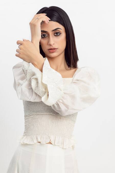 Simrita Arora White Silk, Chanderi Square Neck Smocked And Top Online at Aza Fashions Simrita Arora_White Silk, Chanderi Square Neck Smocked And Top_Online_at_Aza_Fashions