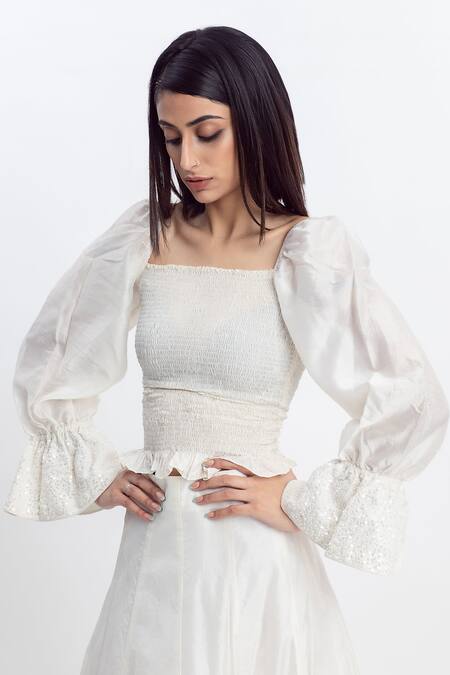 Buy Simrita Arora White Silk, Chanderi Square Neck Smocked And Top Online at Aza Fashions Buy_Simrita Arora_White Silk, Chanderi Square Neck Smocked And Top_Online_at_Aza_Fashions