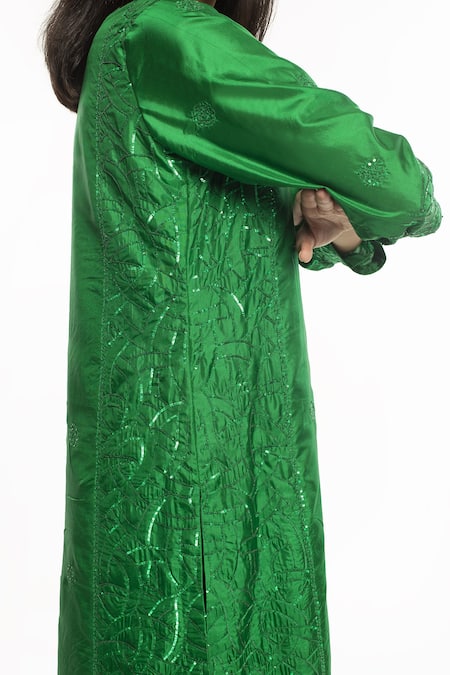 Shop_Simrita Arora_Green Silk, Chanderi Sequin V Neck And Work Kurta Set_Online_at_Aza_Fashions