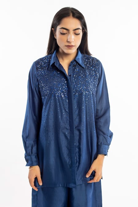 Buy_Simrita Arora_Blue Silk Sequin Shirt Collar And Pant Set_Online_at_Aza_Fashions