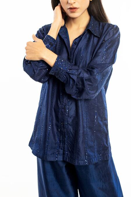 Simrita Arora_Blue Silk Sequin Shirt Collar Striped_Online_at_Aza_Fashions