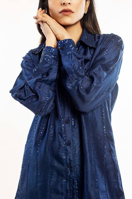 Buy_Simrita Arora_Blue Silk Sequin Shirt Collar Striped_Online_at_Aza_Fashions