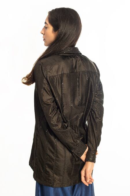 Shop Simrita Arora Black Silk Sequin Shirt Collar Striped at Aza Fashions Shop_Simrita Arora_Black Silk Sequin Shirt Collar Striped_at_Aza_Fashions