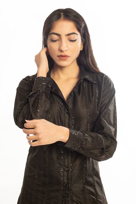 Buy Simrita Arora Black Silk Sequin Shirt Collar Striped Online at Aza Fashions Buy_Simrita Arora_Black Silk Sequin Shirt Collar Striped_Online_at_Aza_Fashions