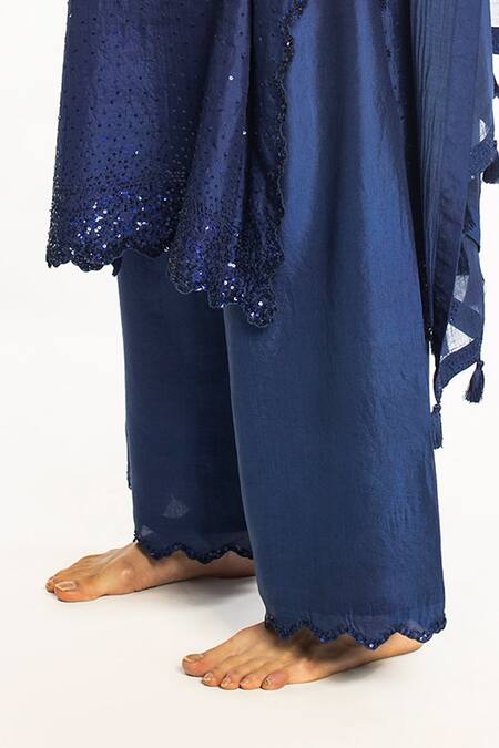 Simrita Arora_Blue Silk, Chanderi Sequin V Neck And Work Kurta Set_Online_at_Aza_Fashions