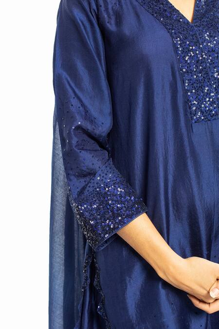 Buy_Simrita Arora_Blue Silk, Chanderi Sequin V Neck And Work Kurta Set_Online_at_Aza_Fashions