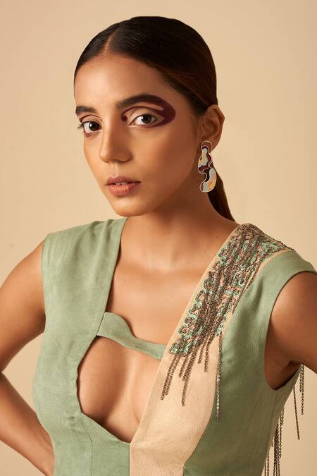 Siddhant Agrawal Green Faux Suede, Poly Rayon Scoop Neck Colorblock Bodysuit at Aza Fashions Siddhant Agrawal_Green Faux Suede, Poly Rayon Scoop Neck Colorblock Bodysuit _at_Aza_Fashions