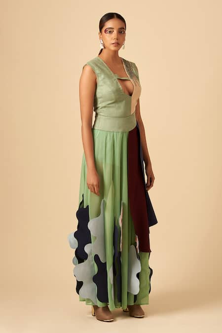Siddhant Agrawal Green Crepe, Faux Suede, Georgette Applique High-waisted Skirt Online at Aza Fashions Siddhant Agrawal_Green Crepe, Faux Suede, Georgette Applique High-waisted Skirt _Online_at_Aza_Fashions