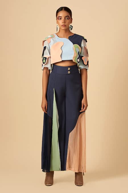Siddhant Agrawal Blue Crepe, Faux Suede, Georgette, Applique Colorblock Crop Top Online at Aza Fashions Siddhant Agrawal_Blue Crepe, Faux Suede, Georgette, Applique Colorblock Crop Top _Online_at_Aza_Fashions