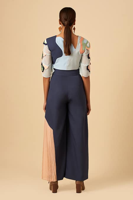 Shop Siddhant Agrawal Blue Crepe, Faux Suede, Georgette, Applique Colorblock Crop Top at Aza Fashions Shop_Siddhant Agrawal_Blue Crepe, Faux Suede, Georgette, Applique Colorblock Crop Top _at_Aza_Fashions