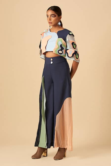 Buy Siddhant Agrawal Blue Crepe, Faux Suede, Georgette, Applique Colorblock Crop Top Online at Aza Fashions Buy_Siddhant Agrawal_Blue Crepe, Faux Suede, Georgette, Applique Colorblock Crop Top _Online_at_Aza_Fashions