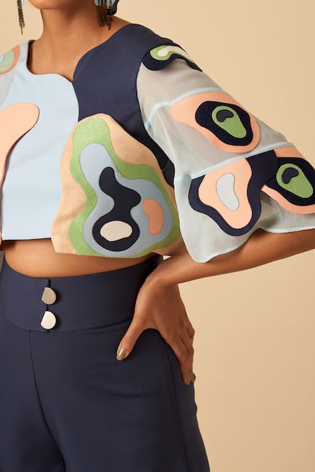 Shop Siddhant Agrawal Blue Crepe, Faux Suede, Georgette, Applique Colorblock Crop Top Online at Aza Fashions Shop_Siddhant Agrawal_Blue Crepe, Faux Suede, Georgette, Applique Colorblock Crop Top _Online_at_Aza_Fashions