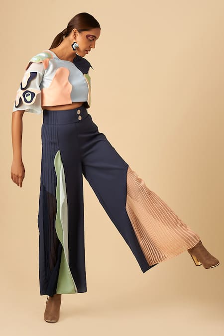 Shop Siddhant Agrawal Blue Crepe, Georgette Applique Colorblock Trouser at Aza Fashions Shop_Siddhant Agrawal_Blue Crepe, Georgette Applique Colorblock Trouser _at_Aza_Fashions
