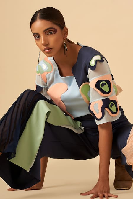 Siddhant Agrawal Blue Crepe, Georgette Applique Colorblock Trouser Online at Aza Fashions Siddhant Agrawal_Blue Crepe, Georgette Applique Colorblock Trouser _Online_at_Aza_Fashions