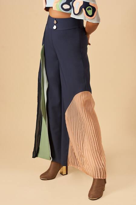 Buy Siddhant Agrawal Blue Crepe, Georgette Applique Colorblock Trouser Online at Aza Fashions Buy_Siddhant Agrawal_Blue Crepe, Georgette Applique Colorblock Trouser _Online_at_Aza_Fashions