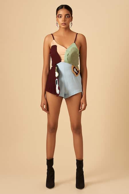 Siddhant Agrawal Blue Crepe, Faux Suede, Georgette, Rayon V Colorblock Bodysuit 